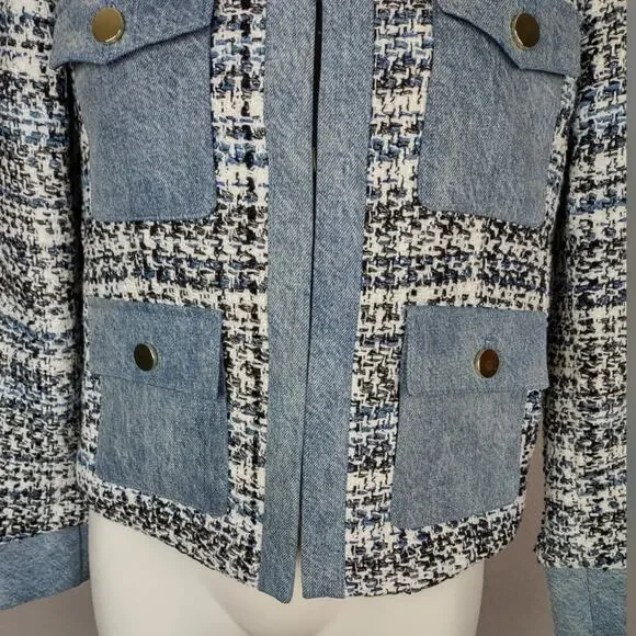 Alice + Olivia Avis Blue Tweed Denim Jean Combo Patch jacket Size Medium - Picture 12 of 16